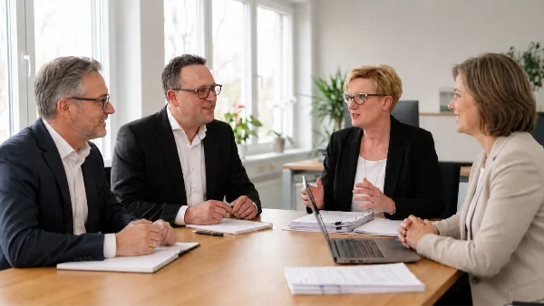 KI-generiert mit Artlist und bearbeitet mit ChatGPT durch KUNDENWACHSTUM.de - Vier Geschäftsleute besprechen Unterlagen in einem hellen Büro zu einem Schadensfall rund um Elektrotechnik und Kurzschluss.