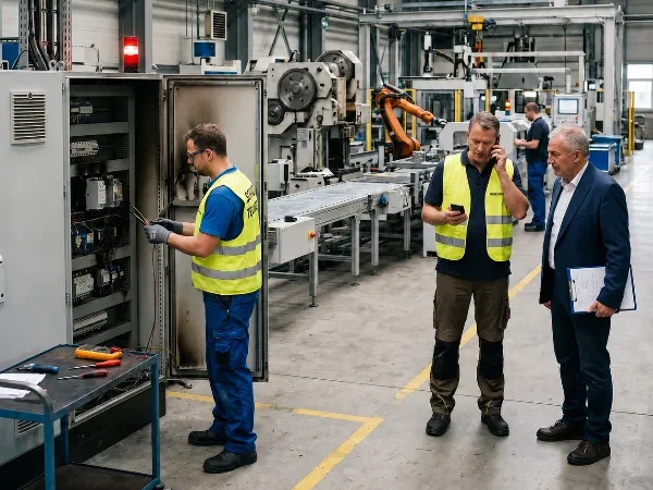 KI-generiert mit Artlist und bearbeitet mit ChatGPT durch KUNDENWACHSTUM.de - Techniker prüfen eine Industrieanlage, während Kollegen einen möglichen Elektrotechnik Kurzschluss und notwendige Sicherheitsmaßnahmen in der Werkhalle besprechen.