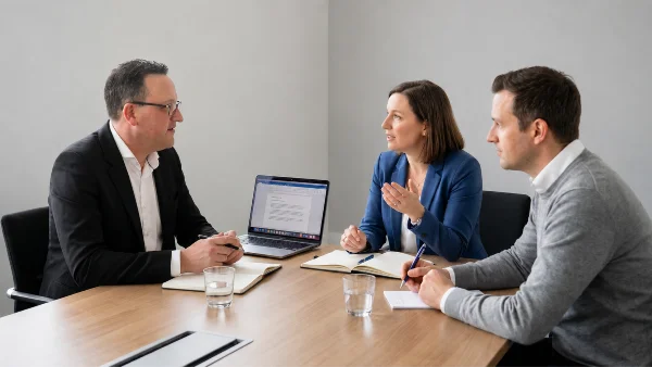 KI-generiert mit Artlist und bearbeitet mit ChatGPT und mit Photoshop durch KUNDENWACHSTUM.de - Drei Personen besprechen im Büro Maßnahmen zur Schadensbewältigung nach einem Druckerei Cyber-Angriff anhand digitaler Unterlagen.