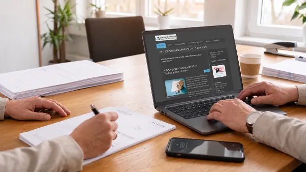 KI-generiert mit Artlist durch KUNDENWACHSTUM.de - Notizblock, Smartphone und Laptop mit der Website der Rechtsanwälte Lehmann und Stermann auf einem Besprechungstisch.