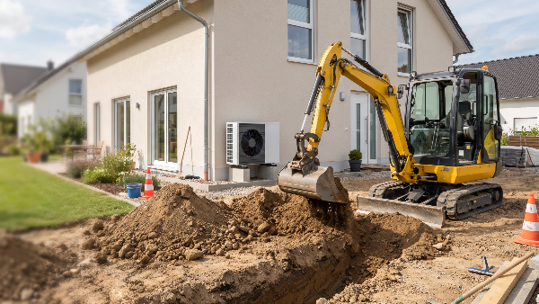 KI-generiert mit Artlist durch KUNDENWACHSTUM.de - Ein gelber Bagger hebt Erde neben einem Wohnhaus aus und veranschaulicht das Schadensrisiko beim Thema Bagger trifft Leitung.